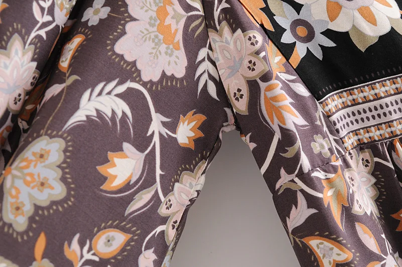 Vintage chic women long sleeve neck tie Ethnic grey floral print beach Bohemian maxi dress Ladies rayon Boho dress vestidos