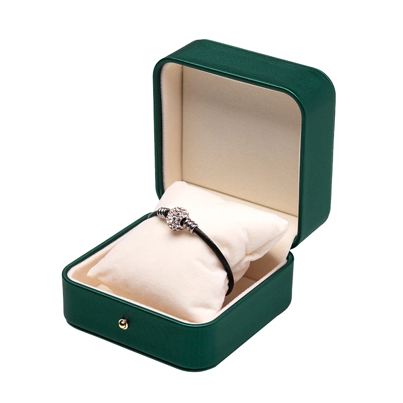

Retro Green Pu Leather Brushed Golden Lock Flat Ring Bracelet Storage Box Built-in Beaded Pillows Card Slot For Engagement Gifts