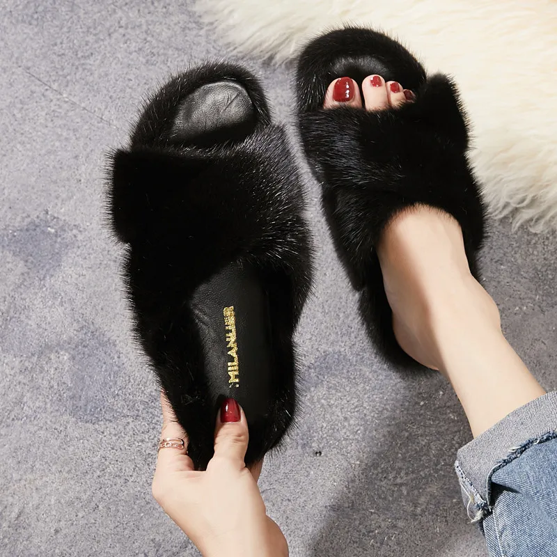Zapatillas cruzadas de pelo de visón importadas para mujer, zapatos de lana  con fondo grueso de cuero, arrastre exterior perezoso, otoño e invierno,  100% - AliExpress Calzado