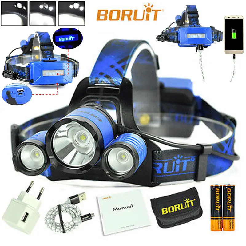 

BORUiT B21 High Power LED Head Torch Cree XM-L2+2xXPE Head Flashlight with 18650 Battery and Charger