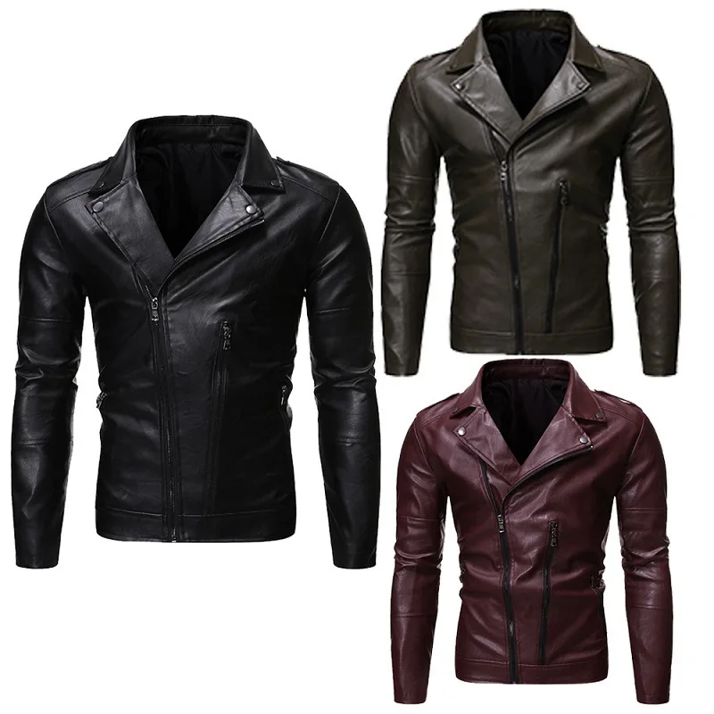 

2019 Autumn And Winter New Style Oblique Zipper Fold-down Collar Slim Fit High-end Pu Locomotive Leather Coat