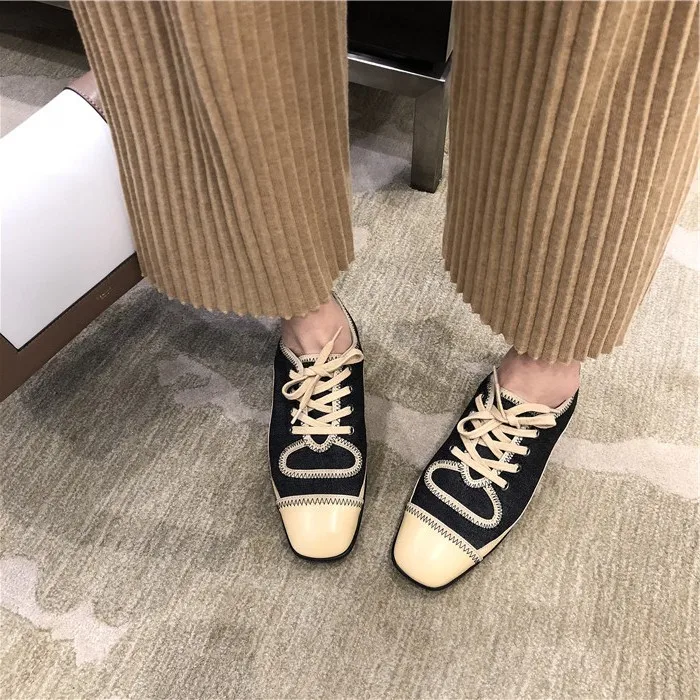 

2019 Spring New Style Online Celebrity Celebrity Style Versitile Fashion Joint Square Head Shoes Women's Versatile Lace-up Athle