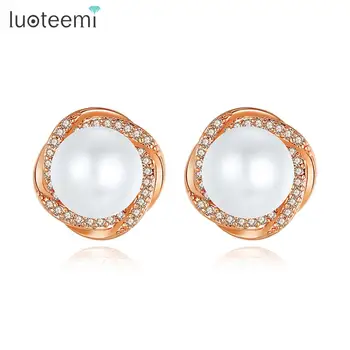 

LUOTEEMI Round Pearl Stud Earrings for Women Wedding Engagement Fashion Jewelry Party CZ Pendientes Bijoux Femme Christmas Gifts