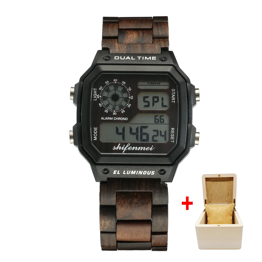 Shifenmei деревянные часы мужские часы лучший бренд класса люкс светодиодный цифровые Мужские часы мужские спортивные военные деревянные наручные часы erkek kol saati - Цвет: black with box