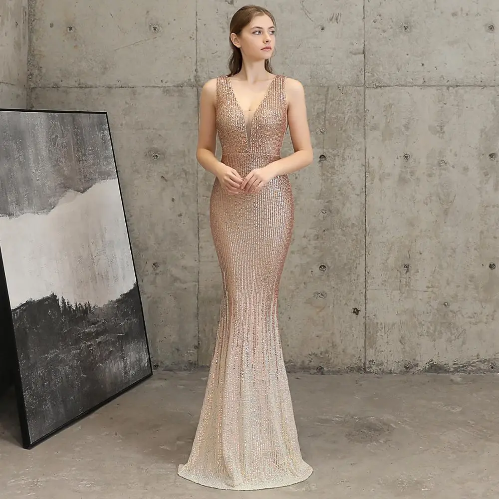 

Sexy V Neck Gold Elegant Evening Party Dresses Women Sleeveless Long Maxi Formal Prom Gown Floor Length Sparkly Mermaid Dress