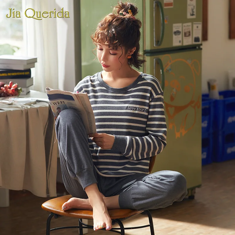 

100% Pure Cotton Pajamas Women's Autumn Classic Stripes Fashion Home Clothes Girls Loose Suit Wear Long Sleeves Winter Nightwear