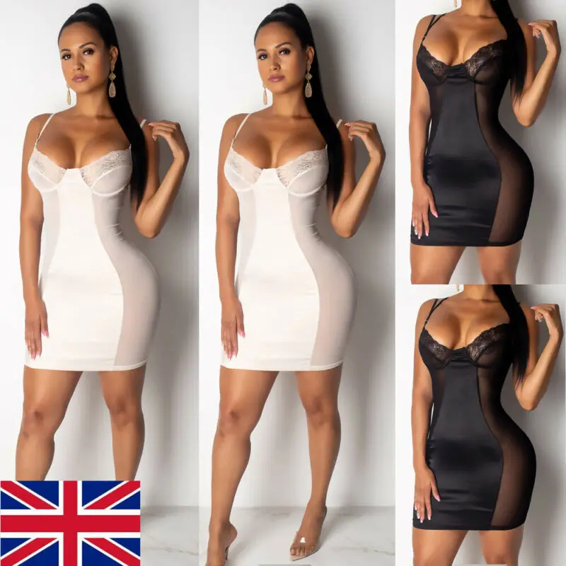 

Sexy Women Bandage Mini Dress Lace Floral Female Bodycon Sleeveless Evening Party Club Sheer Mesh Mini Dress
