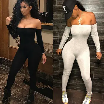 

Fashion Women's Jumpsuit Long Sleeve Sexy Skinny Off Shoulder Playsuit Bodycon Clubwear Party Trousers White Black Bodysuit