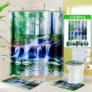 

3D Waterfall Scenery Waterproof Shower Curtain Bathroom Bath Mat Set Pedestal Rug Lid Toilet Cover