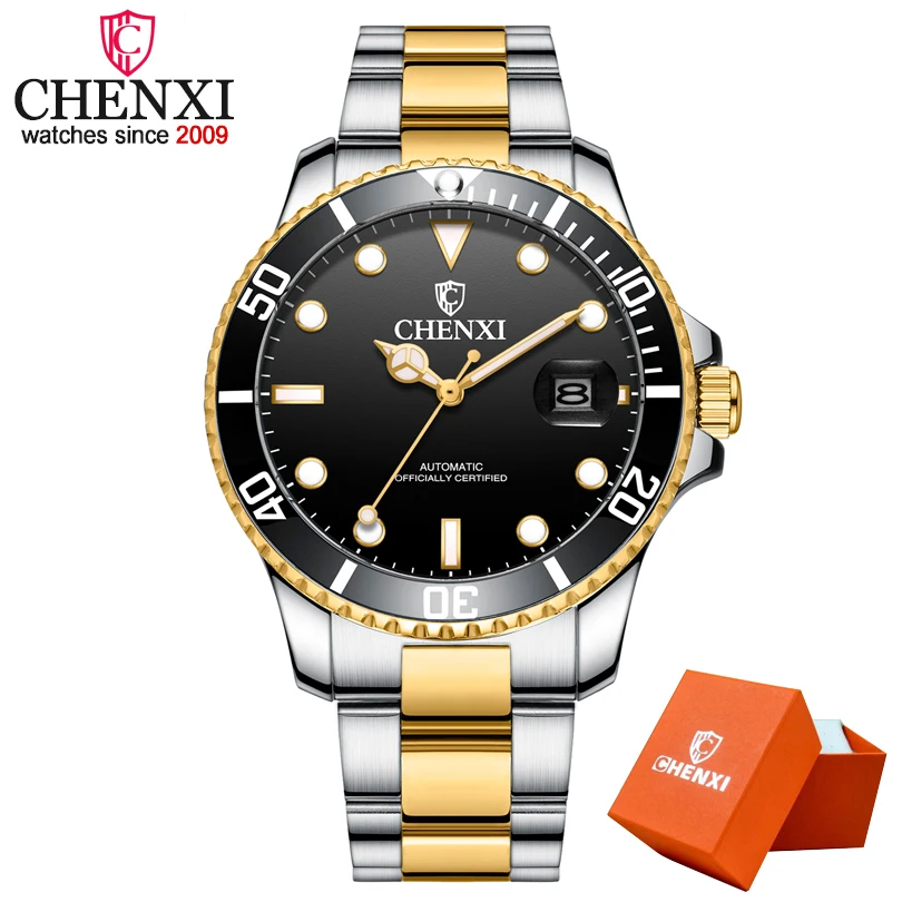 Gold Black in Box Прямая поставка CHENXI Топ бренд Мужские автоматические механические часы мужские золотые водонепроницаемые часы из нержавеющей стали Relogio Masculino - Цвет: Gold Black in Box