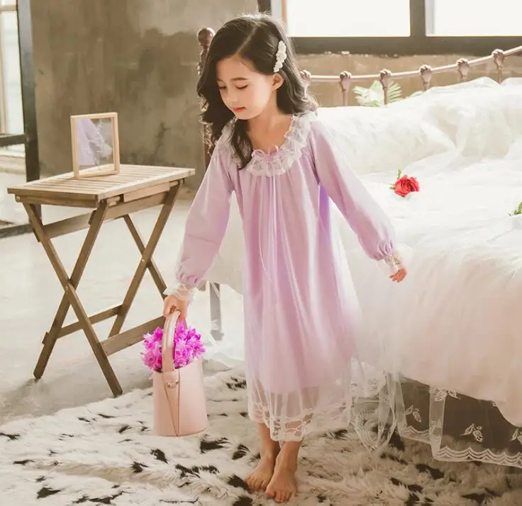 Кружевное ночное белье для девочек; хлопковая Однотонная ночная рубашка для детей; пижама с длинными рукавами и круглым вырезом; летние детские мягкие ночные рубашки; ZL160