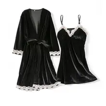 Сексуальный женский костюм-двойка из 2 предметов, костюм-халат, черная Домашняя одежда, ночная рубашка, бархатная ночная рубашка и халат, комплект одежды для сна, ночная одежда на бретелях, домашняя одежда