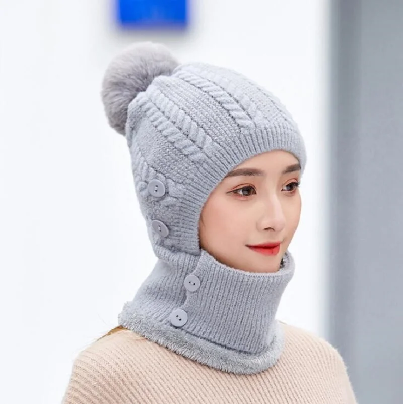 grey Зимние вязаные шапки бини женские толстые теплые Skullies шапки женские вязаные шапки на открытом воздухе наборы для езды на велосипеде с бархатной лицевой маской ветрозащитные - Цвет: grey