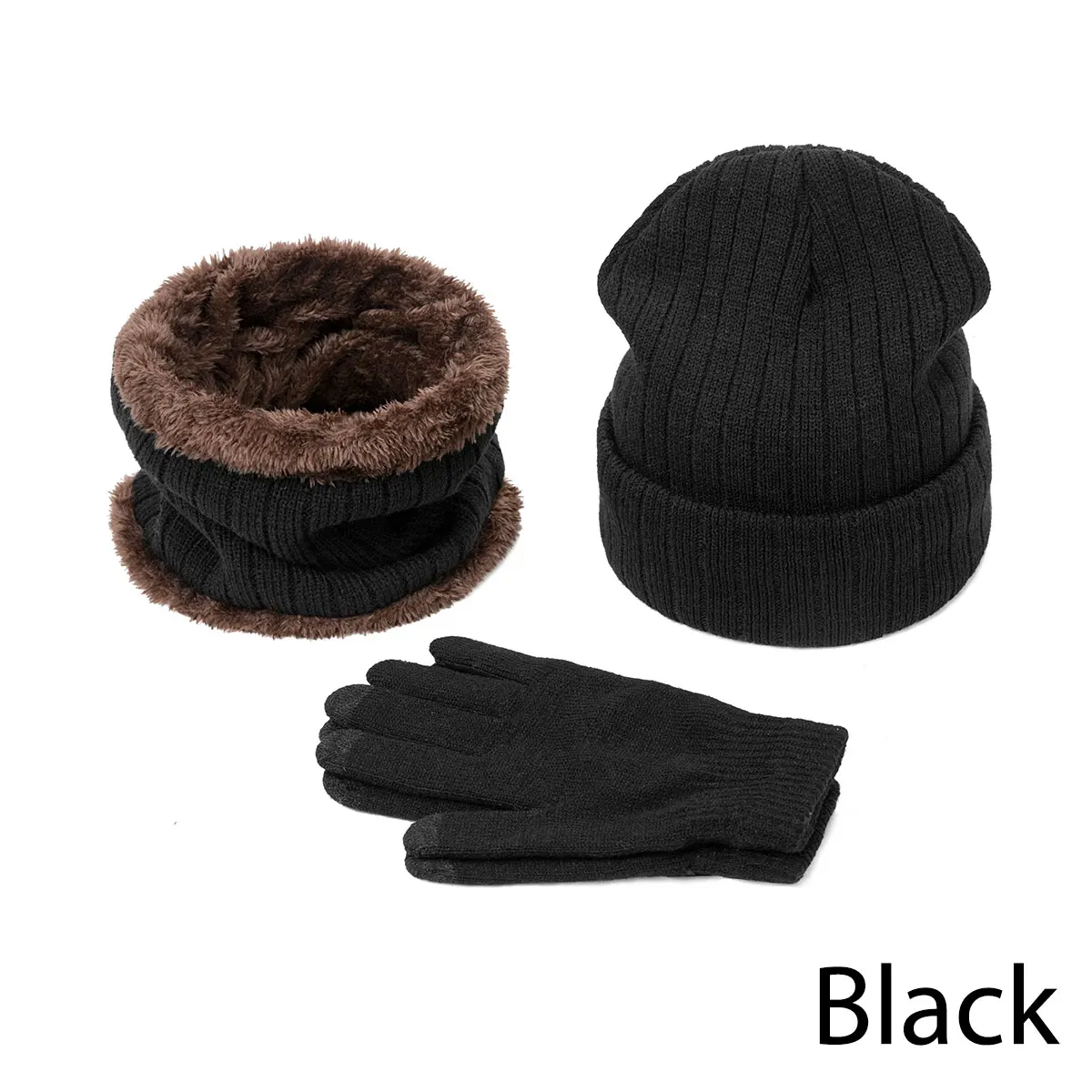 Black Новое поступление, Зимняя Теплая мужская шапка, шарф, перчатки, набор, шапки бини, вязаные утолщенные шапки для мужчин и женщин, шапка, нагрудник, перчатки, костюм унисекс, 3 шт - Цвет: Black