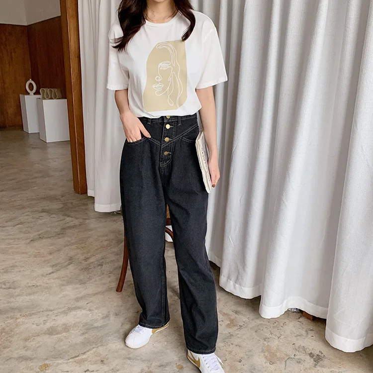 Abstract Print T-shirt Female Short Sleeve 2020 Summer New O-Neck Korean Women's Casual Tops Tees Harajuku