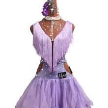 7 шт./компл. конкурс латиноамериканских танцев платья для выступлений платье для танцев вертикальный разрез светло-фиолетовая перилла Плиссированное Платье# LD261