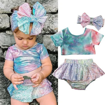 

3Pcs Summer Kid Girls Clothes Fashion Short Sleeve Crop Tops+Ruffle Shorts+Headband Girls Outfits Kids Swimwear For Girls Sets