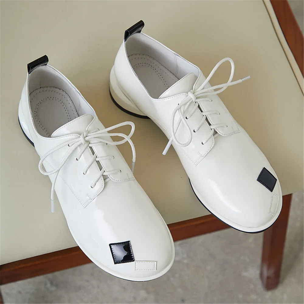 Women Patent Leather Pumps MILI MIYA Personalized Design Mixed Color Women Patent Leather Pumps Lace Up Round Toe Full Genuine Leather Fashion Street Shoes