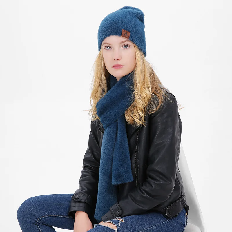 Вельветовая зимняя шапка и шарф-перчатка, комплект для женщин, классические утолщенные шерстяные вязаные шапки и зимние тёплые шарфы, Шапка-бини