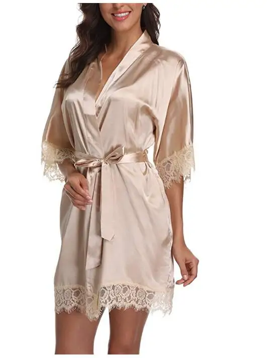 Hot White Women Silk Lace Robes Wedding Bridesmaid Bride Gown kimono Solid robe Sleepwear Nightgown Bridesmaid Robes size M-XL