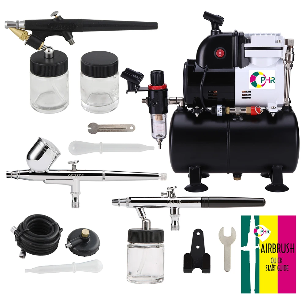 OPHIR Pro Air Compressor Air Tank Cooking Fan 3x Dual-Single Action Airbrush Kit Set for Body Painting Hobby AC116+004A+071+072