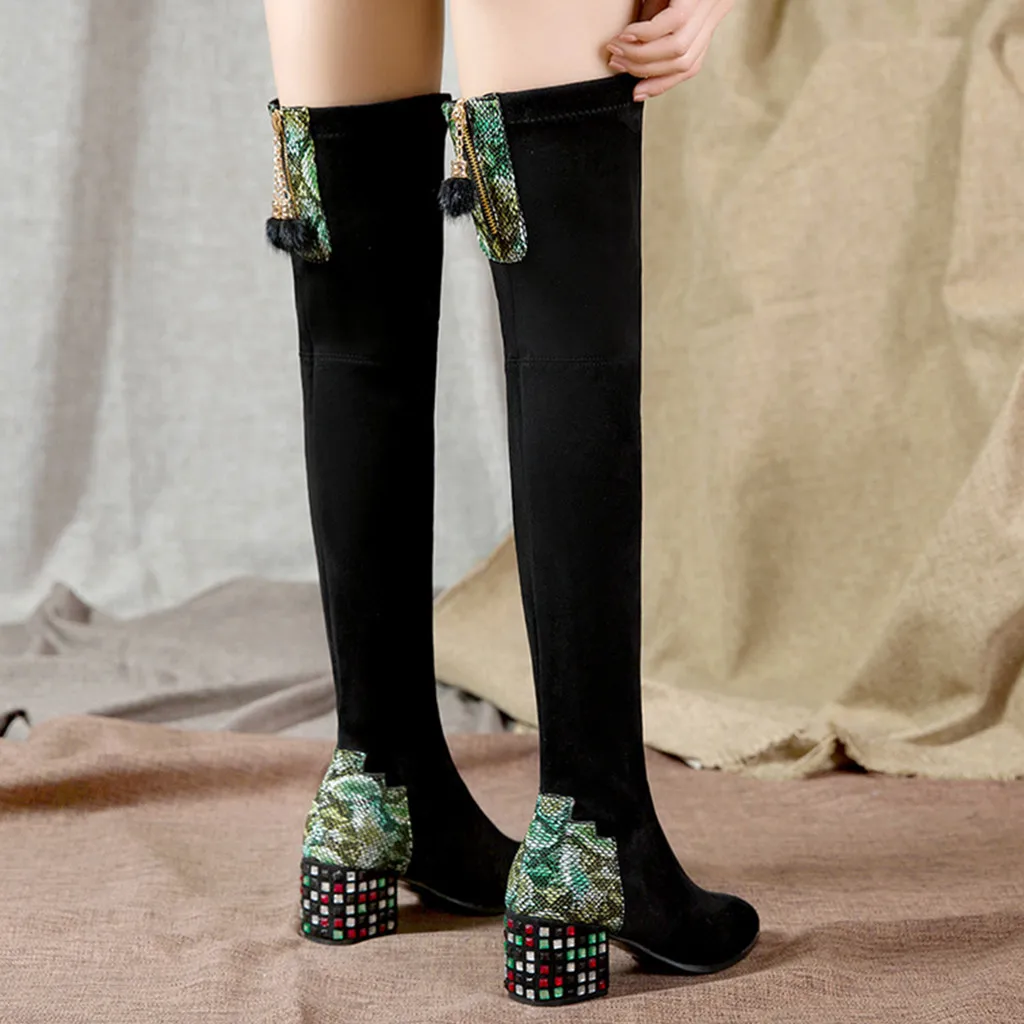 Сапоги выше колена из эластичной ткани и замши модные сапоги без застежки с острым носком и змеиным рисунком обувь на квадратном каблуке Женские винтажные сапоги