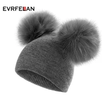 Evrfelan/зимние вязаные шапочки для мальчиков и девочек; шапка; теплые детские зимние вязаные шапочки; шапочки с помпоном для детей