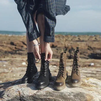 

Boots Women Fashion Solid Leather Middle Lace-Up Thick Martin Boots Round Toe Shoes Outdoor PU Leather Winter Female Shoes #1007