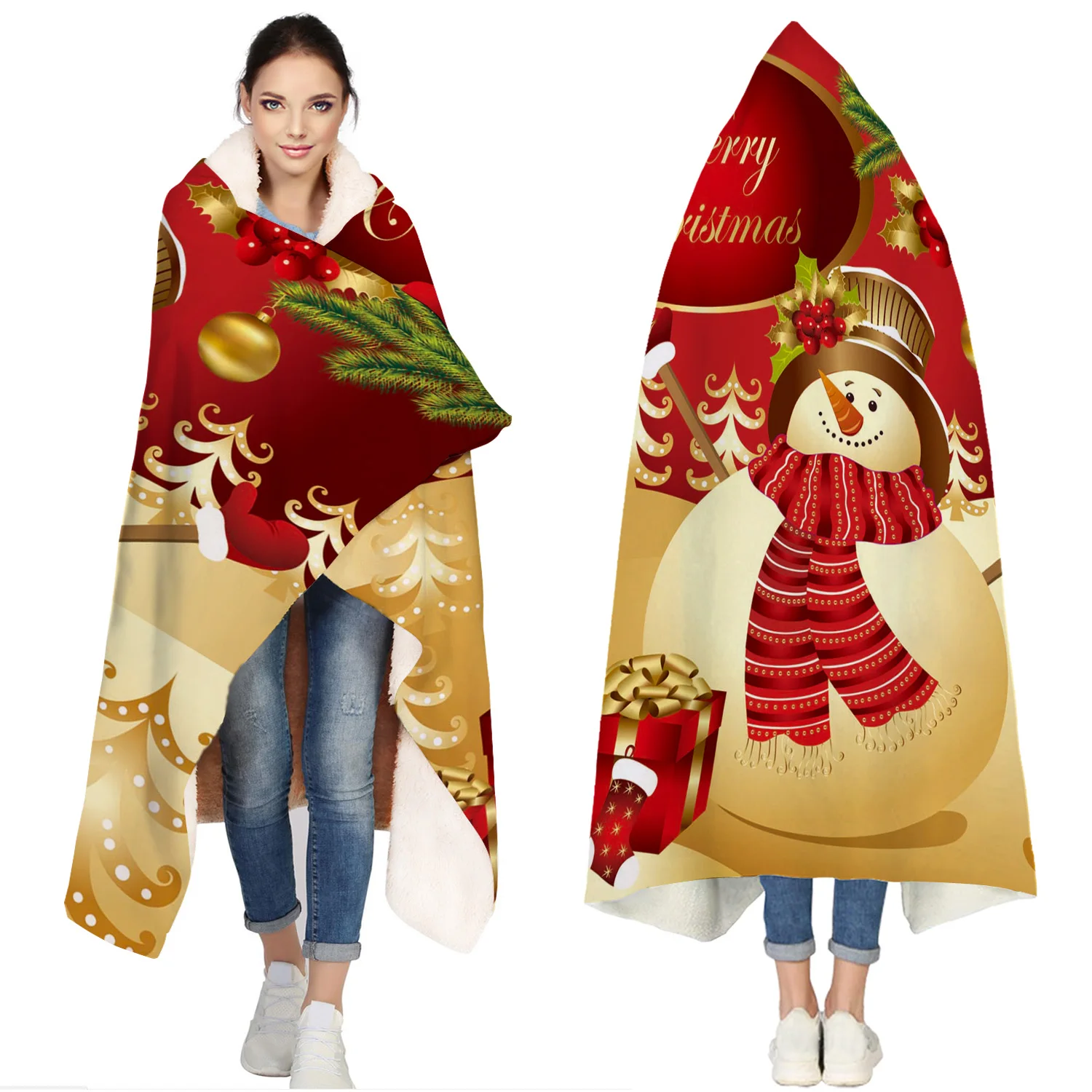 

Merry Christams Present Portable Wearable Fluffy Custom Hooded Blanket Fleece Hooded Throw WrapBed Blanket