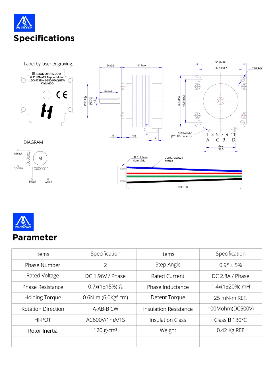 motor de passo (LDO-57STH41-2804MAC (hev)) 4-lead para impressora 3d hevort x y