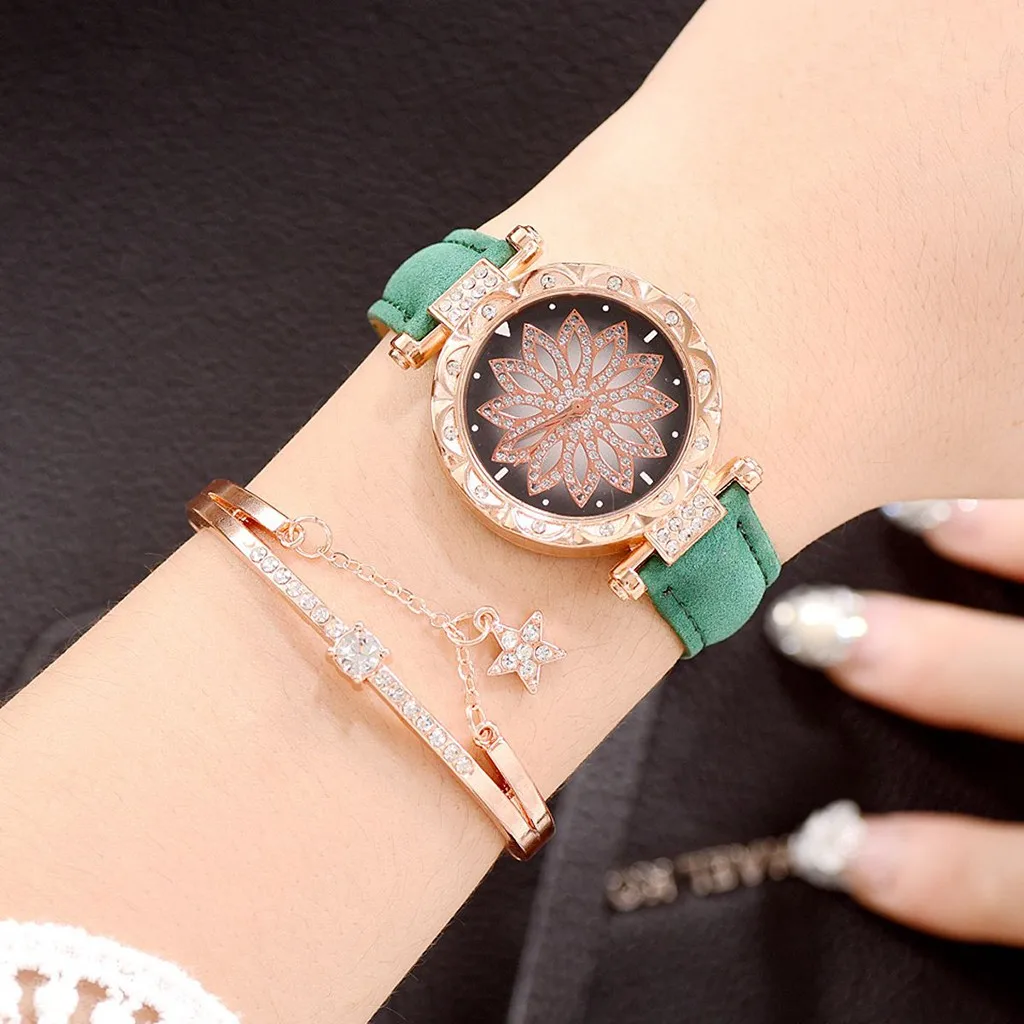 Часы браслет набор женские часы Роскошные Звездное небо, Стразы Красочные модные звезды цветы ремень дамы браслет Кварцевые часы YE1
