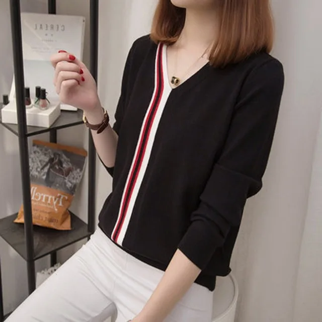 2019 Autumn Winter Korean V Neck Striped Sweater Women Long Sleeve Loose Black Sweater and Pullover Knitted Sweater Pull Femme