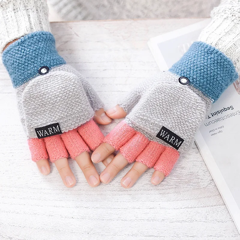 Unisex Cotton Knitted Gloves Thickening Patchwork Flip Fingerless Exposed Finger Gloves Male Half Finger Winter Warm Mittens