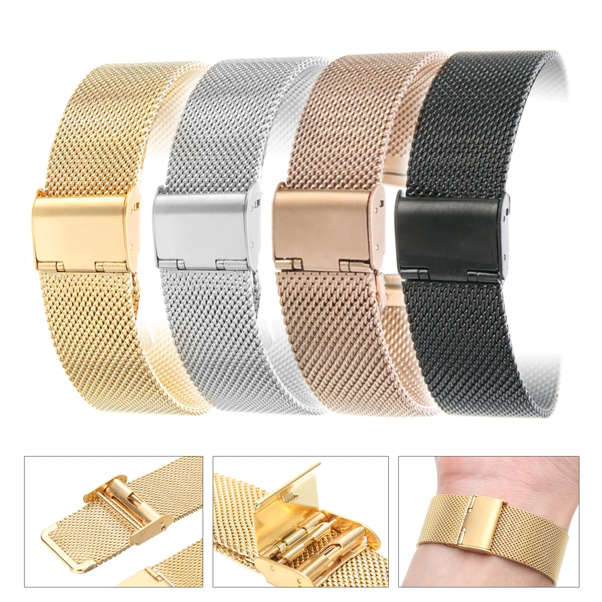 12mm/14mm/16mm/18mm/20mm/22mm/24mm Stainless Steel Watch Strap Straight End Bracelet Mesh Buckle Watch Band 4 Colors Shellhard