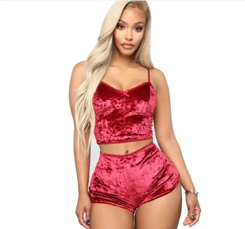

New Fashion Women 2pcs Velvet Sleepwear lingerie Sexy Spaghetti Strap Velvet Shorts Pajama Set Ladies Sleepwear female Pajama