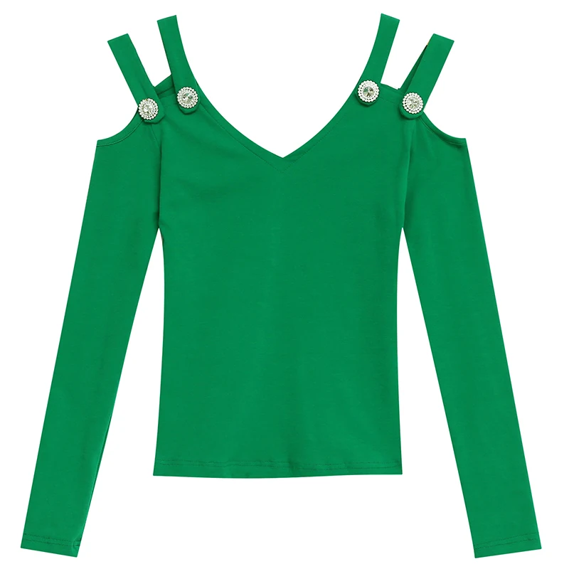 Korean Sexy Hollow Out Off Shoulder Button Tshirt Autumn Winter Women Long Sleeve Pullover Back Top Camiseta Mujer T98202