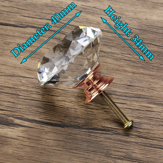 KAK 20-40mm Diamond Shape Design Crystal Glass Knobs Cupboard Drawer Pull Kitchen Cabinet Door Wardrobe Handles Hardware 40mm  Rose Gold Base