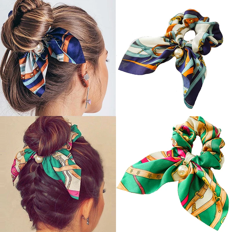 

Fashion Hair Scrunchies Chiffon Silk Bowknot Women Pearl Ponytail Holder Tie Hair Elastic Rubber Bands Hair Accessories Headwear