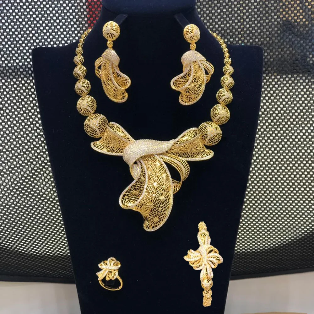 

Jimbora 4PCS Women Wedding Jewelry Sets Hot Luxury Bowknot Flowers Cubic Zirconia Choker Necklace Earring Dubai Jewellery Sets