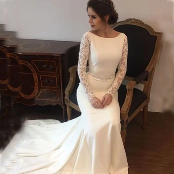 

New Arrival Wedding Dresses Satin Lace Long Sleeves Wedding Bridal Gowns Sweep Train vestido de noiva Sheer Beach Wedding Guest