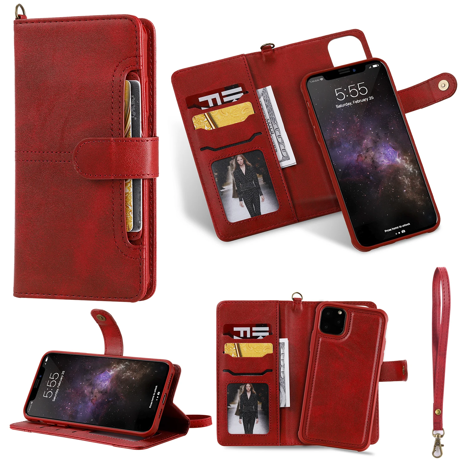 

Multi-Function Wallet Case for iphone 11 Pro MAX Case Luxury Leather Detachable Magnetic Flip Cover Stand Back Case Shockproof