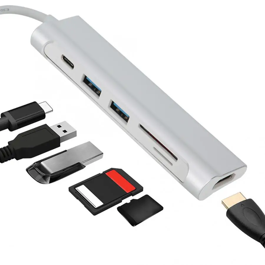 Мульти-Функция 6-в-1 концентратор типа C на HDMI USB/памяти/устройство для считывания с tf-карт Стыковочный модуль-преобразователь станция TYPE C к HDMI док-станция