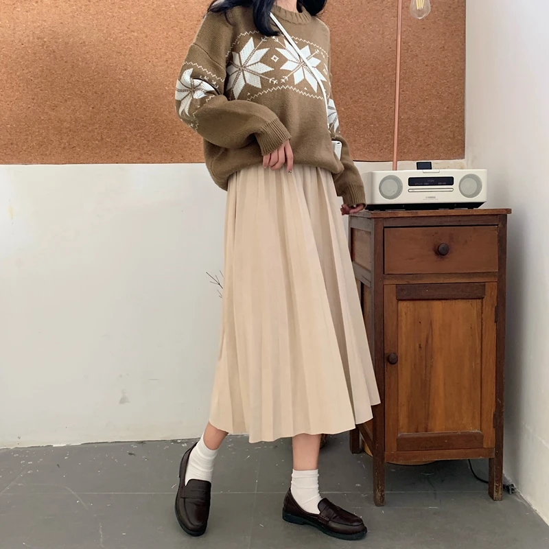 Harajuku плиссированная юбка миди Женская Осенняя Милая однотонная эластичная повседневная юбка до середины икры с высокой талией винтажная шикарная женская повседневная юбка