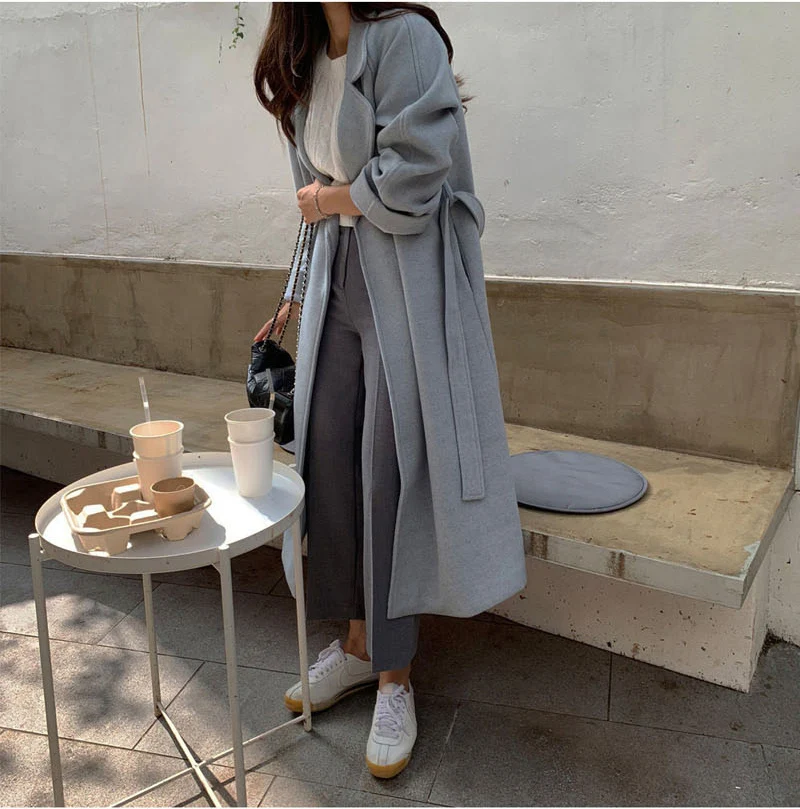 BGTEEVER Wool Blend Winter Tweed Coat Women Long Sleeve Elegant Sash Belt Femme Outwear Coat Autumn winter Overcoat Female