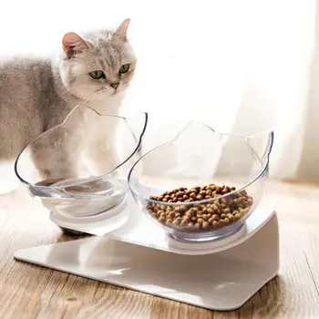 

Cat Bowls With Stand Pet Feeder Double Food Diner Bowl Set Perfect For Cats Ultra Small Oblique Pet Bowl-Transparent
