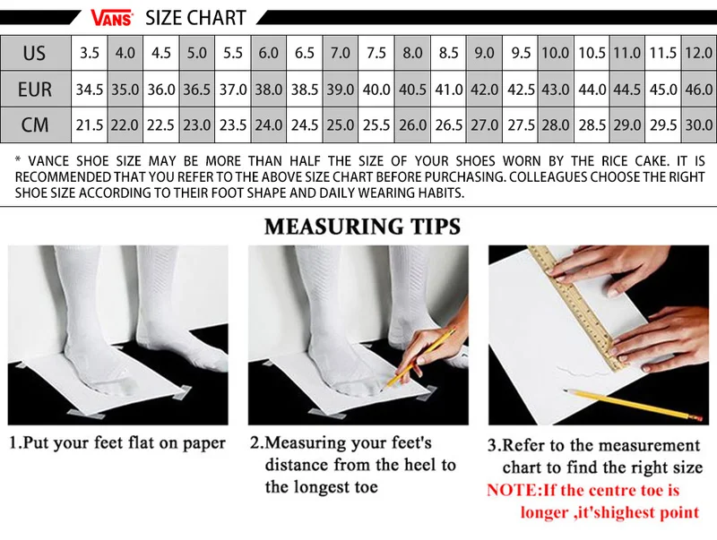 size chart shoes vans