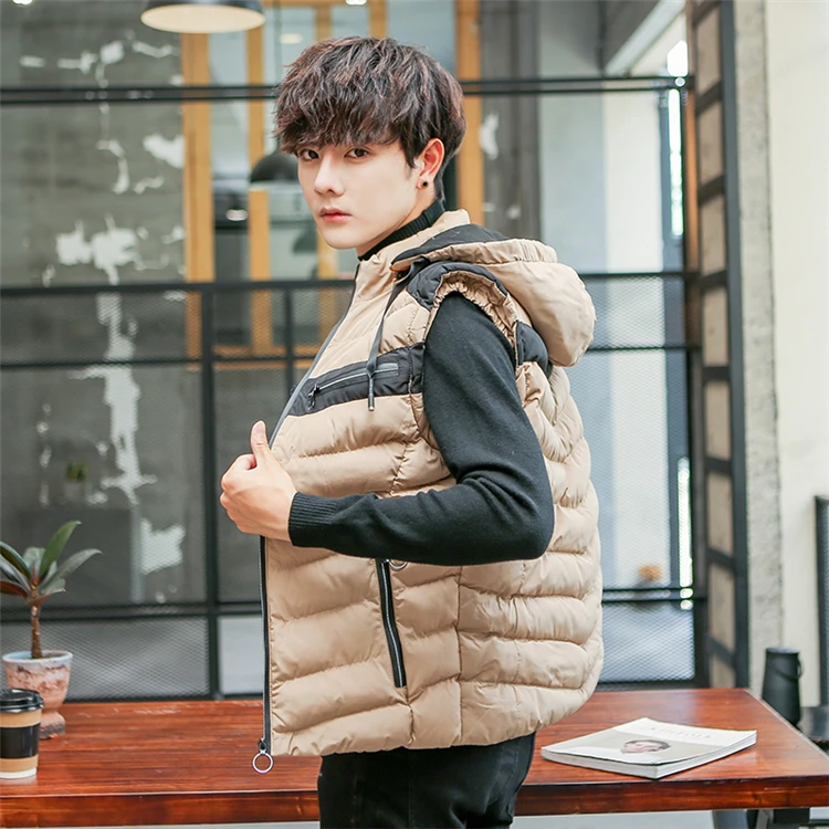 Autumn Winter Men's Vest New Casual Warm Sleeveless Jacket Hooded Stand-Collar Windproof Cotton-Padded Waistcoat Patchwork