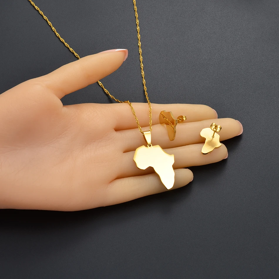 Anniyo Africa Map Sets Pendant Necklace and Earrings Gold Color/Silver Color African Maps Jewelry Set for Women Gitls #133621