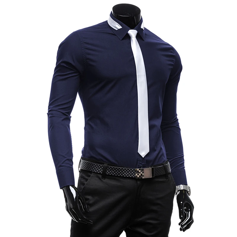 Новинка, модная деловая однотонная мужская рубашка с длинным рукавом, Стандартная посадка, деловая Мужская рубашка с галстуком, мужская деловая рубашка - Цвет: Navi