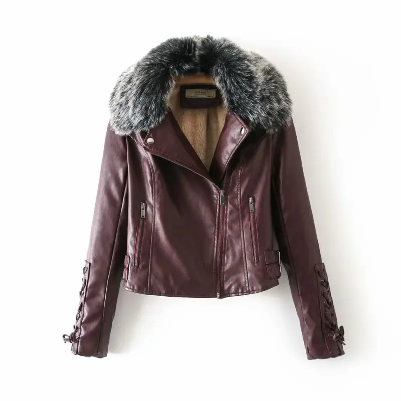 

2018 Autumn And Winter New Style High-End PU Leather Women's Slim Fit Jacket Large Lapel plus Velvet Elegant Short Motorcycle Ja